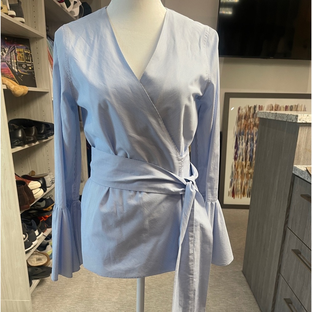 Blue and white Ann Mashburn wrap tie blouse